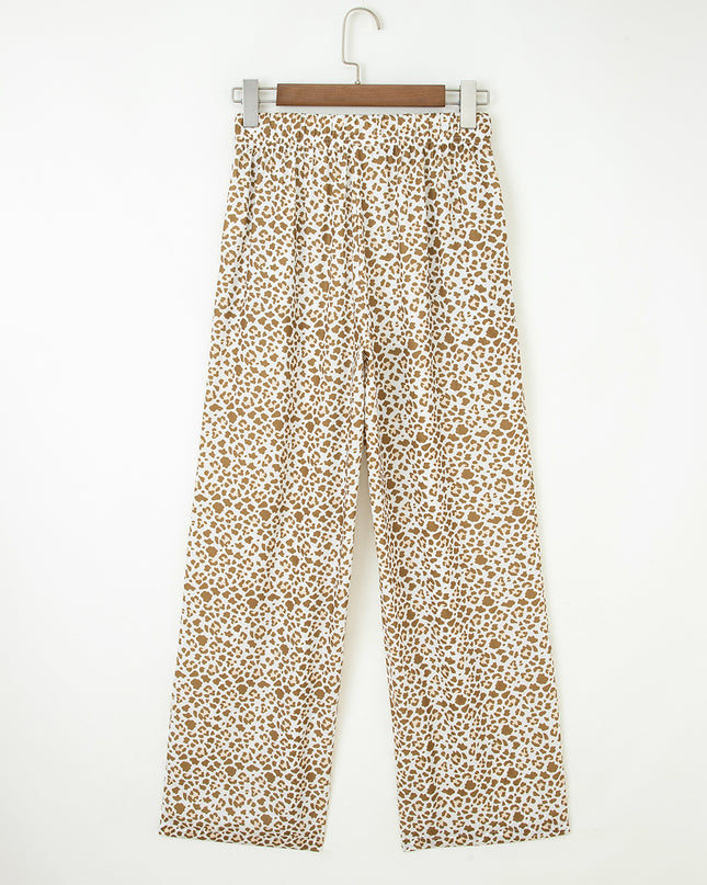 Brown Leopard Drawstring Elastic Waistband Loose Pants