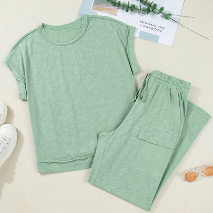 Canton Cuffed Short Sleeve Tee Raw Seam Patch Pocket Drawstring Pants Set