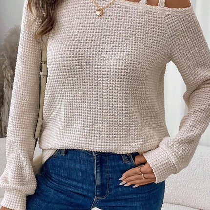 Jet Stream Solid Color Textured Knit Asymmetric Shoulder Long Sleeve Top