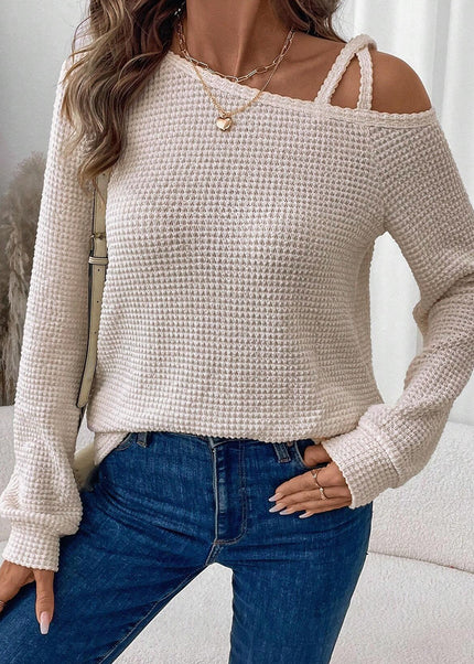 Jet Stream Solid Color Textured Knit Asymmetric Shoulder Long Sleeve Top