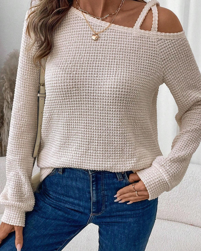 Jet Stream Solid Color Textured Knit Asymmetric Shoulder Long Sleeve Top