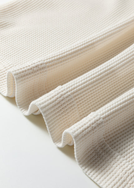 Beige Solid Color Waffle Knit Asymmetric Neck Long Sleeve Top