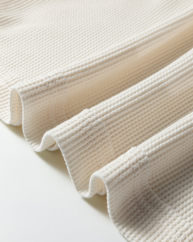 Beige Solid Color Waffle Knit Asymmetric Neck Long Sleeve Top