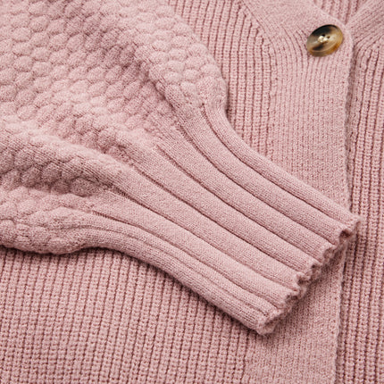 Goat Mixed Texture Knit Button V Neck Sweater Cardigan