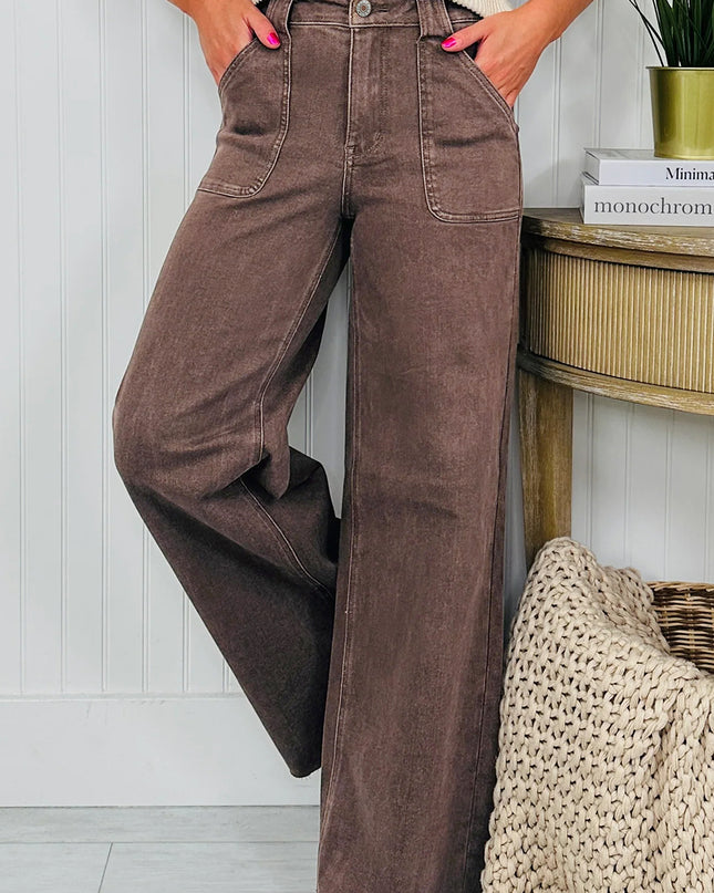 Dark Brown Retro Washed Patch Pocket Loose Jeans