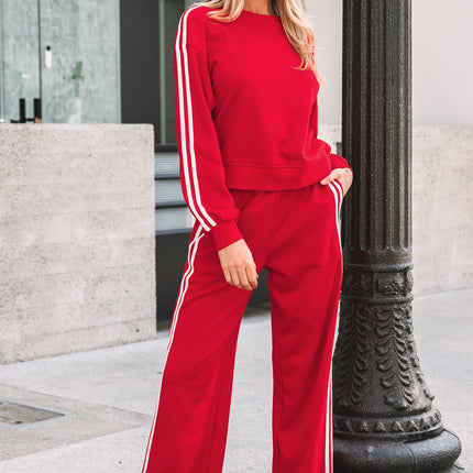 Fiery Red Varsity Striped Detail Crewneck Pullover Elastic Sweatpants 2pcs Outfit