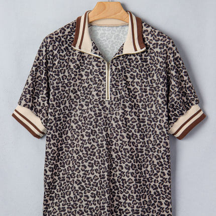 Khaki Leopard Print Half Zip Striped Trim Patchwork Short Sleeve Top