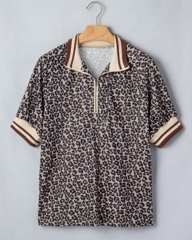 Khaki Leopard Print Half Zip Striped Trim Patchwork Short Sleeve Top