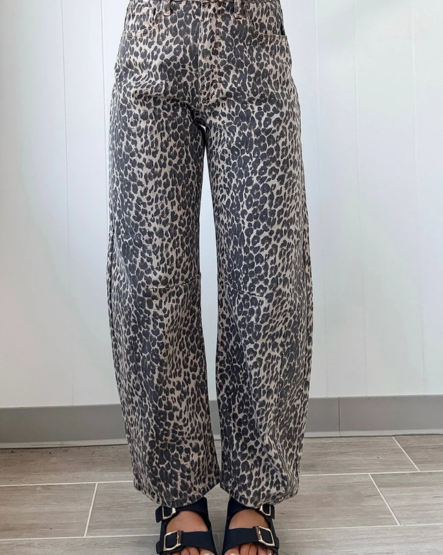 Black Leopard Print High Waist Barrel Jeans