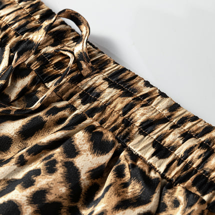 Brown Leopard Collared 3/4 Sleeve Shirt and Loose Pants Two Piece Outfit Set