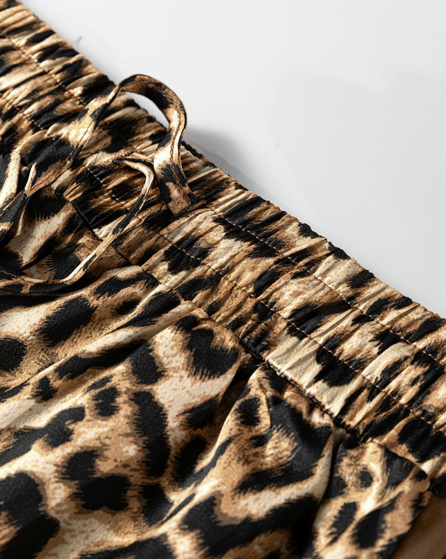 Brown Leopard Collared 3/4 Sleeve Shirt and Loose Pants Two Piece Outfit Set