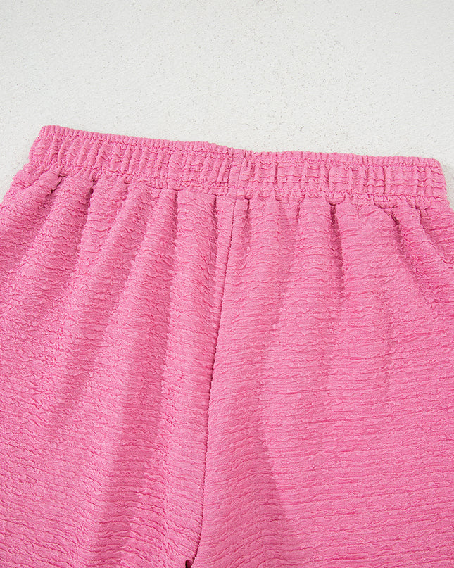 Pink Textured V Neck T Shirt and Shorts Set
