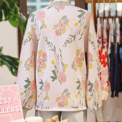 Pink Floral Pattern Striped V Neck Loose Sweater
