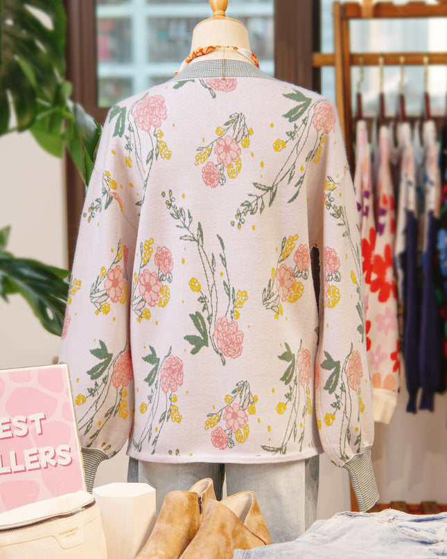 Pink Floral Pattern Striped V Neck Loose Sweater