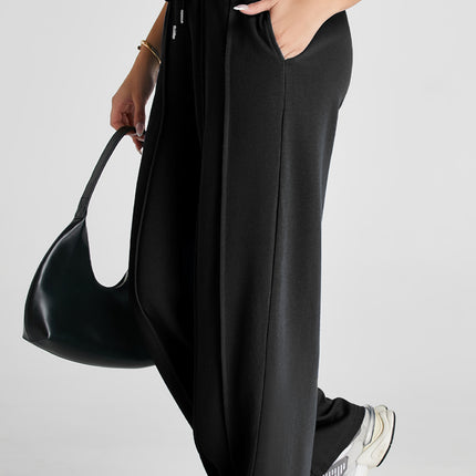Black Seamed Drawstring High Waist Wide Leg Sweatpants