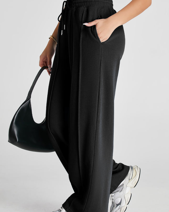Black Seamed Drawstring High Waist Wide Leg Sweatpants
