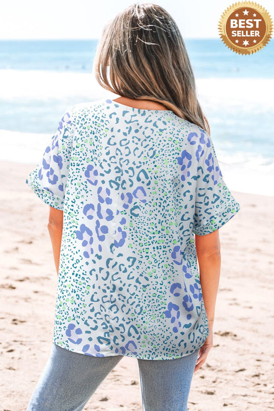 Leopard Print V Neck Short Sleeve Blouse