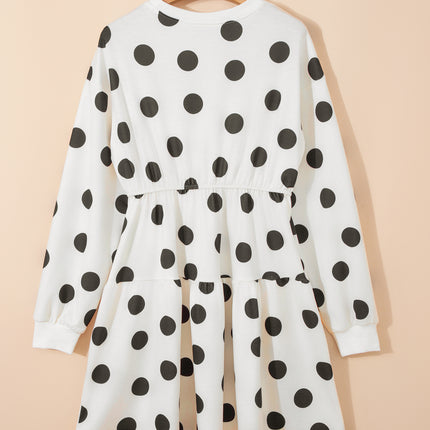 White Polka Dot Printed Long Sleeve Flared Mini Dress