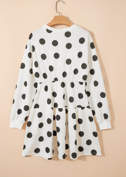 White Polka Dot Printed Long Sleeve Flared Mini Dress