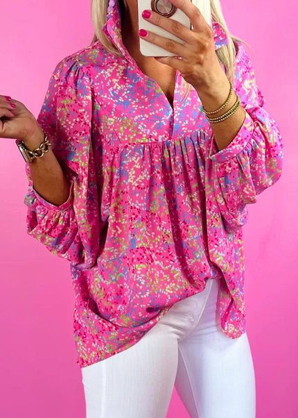 Bonbon Abstract Print Collared V Neck Babydoll Blouse
