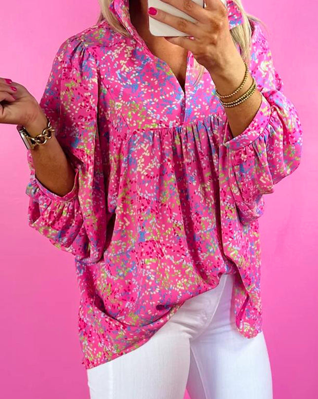 Bonbon Abstract Print Collared V Neck Babydoll Blouse