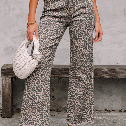 Rose Leopard Frayed Edge Wide Leg High Waist Jeans