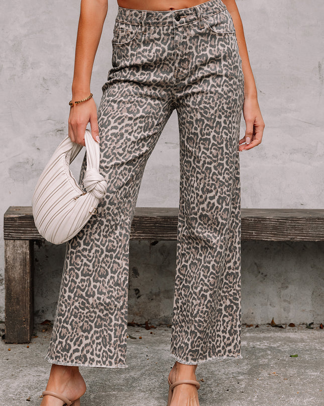 Rose Leopard Frayed Edge Wide Leg High Waist Jeans