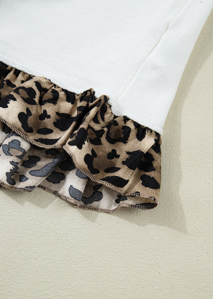 White Knitted Leopard Ruffle Patchwork Button Down Cropped Cardigan