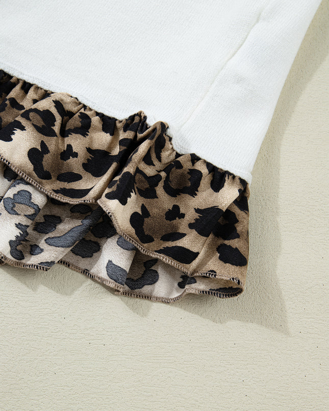 White Knitted Leopard Ruffle Patchwork Button Down Cropped Cardigan