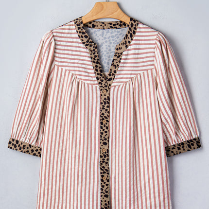 Sky Blue Stripe Leopard Trim V Neck Button Down Half Sleeve Shirt