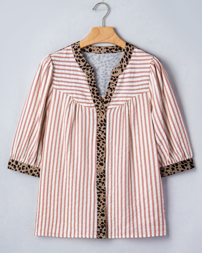 Sky Blue Stripe Leopard Trim V Neck Button Down Half Sleeve Shirt