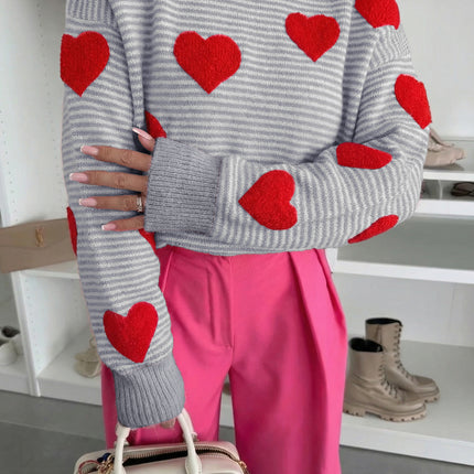 Gray Stripe Contrast Heart Pattern Valentine Knit Sweater