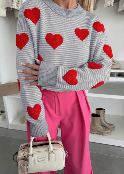 Gray Stripe Contrast Heart Pattern Valentine Knit Sweater