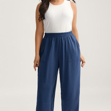 Sail Blue Plus Size Elastic Waist Asymmetrical Hem Loose Capris Pants