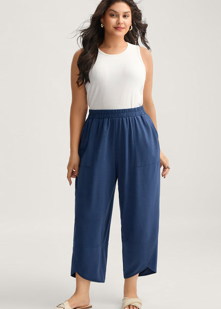 Sail Blue Plus Size Elastic Waist Asymmetrical Hem Loose Capris Pants