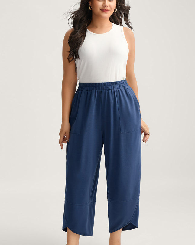 Sail Blue Plus Size Elastic Waist Asymmetrical Hem Loose Capris Pants
