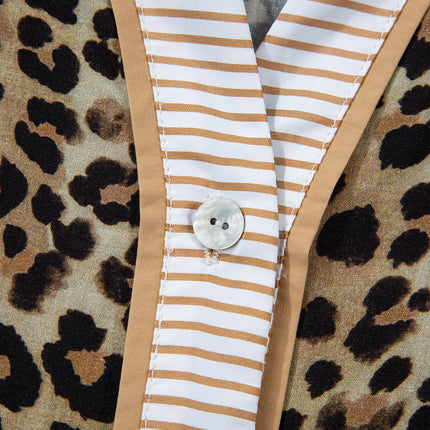 Khaki Contrast Striped Trim V Neck Leopard Shirt