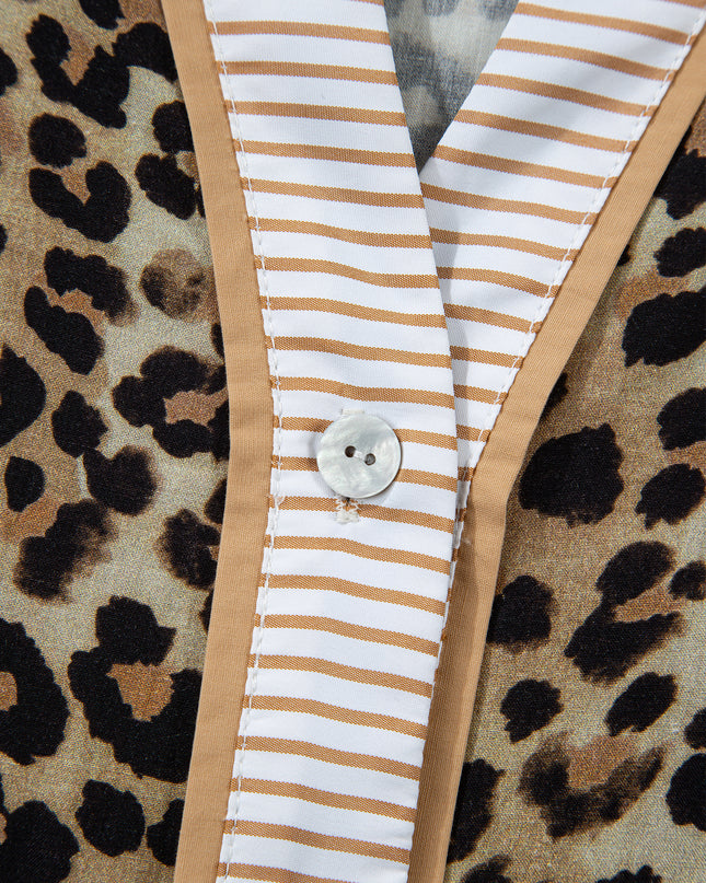 Khaki Contrast Striped Trim V Neck Leopard Shirt