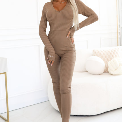 Mocha Ribbed Jumpsuit with Neckline