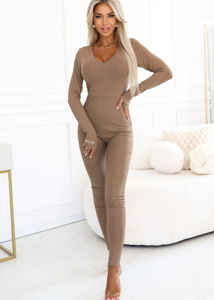 Mocha Ribbed Jumpsuit with Neckline