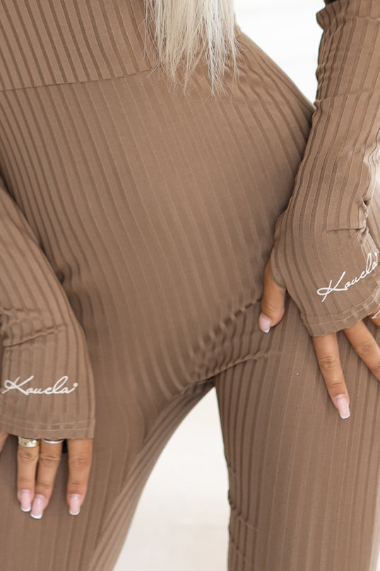 Mocha Ribbed Jumpsuit with Neckline