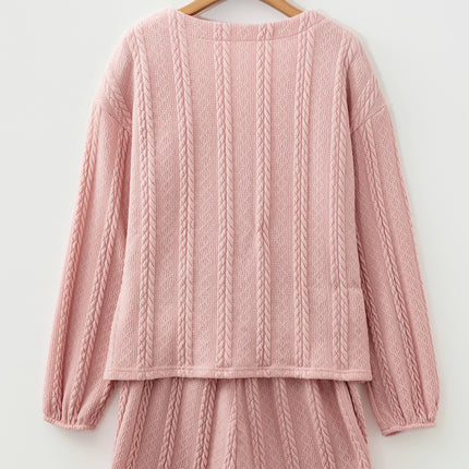 Gossamer Pink Cable Knit V Neck Cardigan Shorts Set