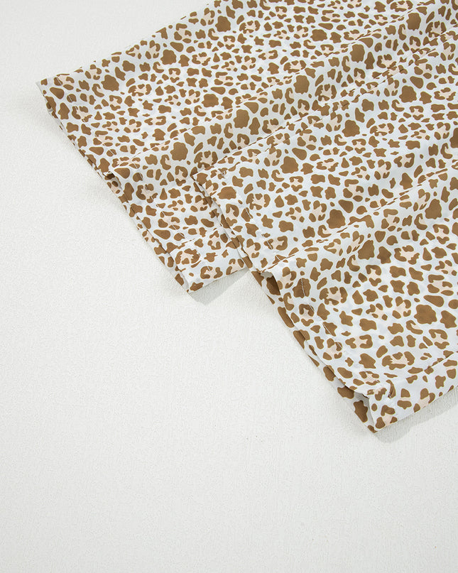 Brown Leopard Drawstring Elastic Waistband Loose Pants
