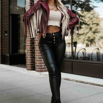 624-2 Short jacket with fringes made of soft eco-leather - burgundy