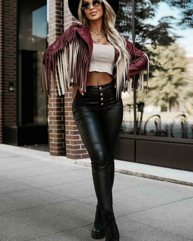 624-2 Short jacket with fringes made of soft eco-leather - burgundy