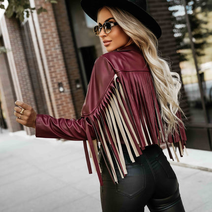 624-2 Short jacket with fringes made of soft eco-leather - burgundy