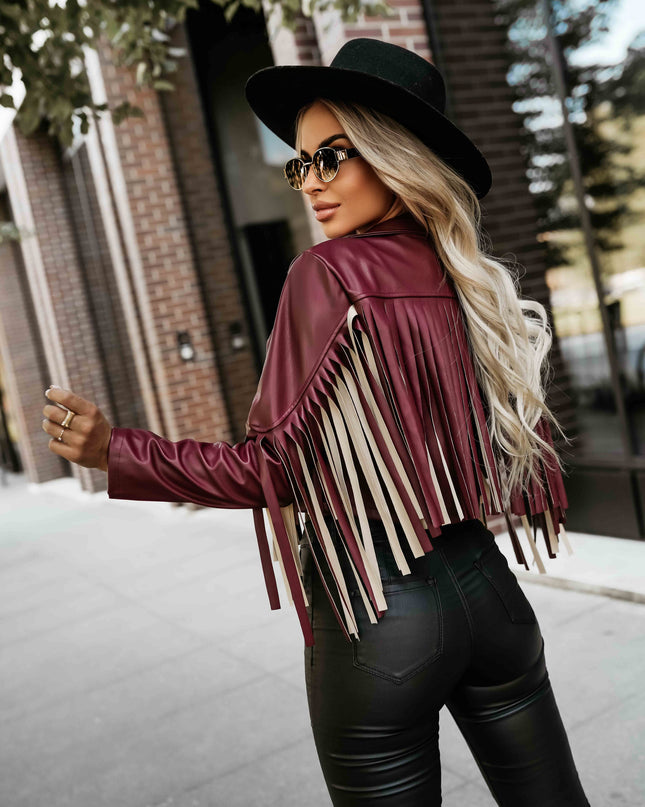 624-2 Short jacket with fringes made of soft eco-leather - burgundy