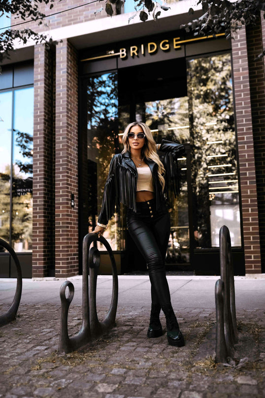 624-3 Short biker jacket with fringes made of soft eco leather - black
