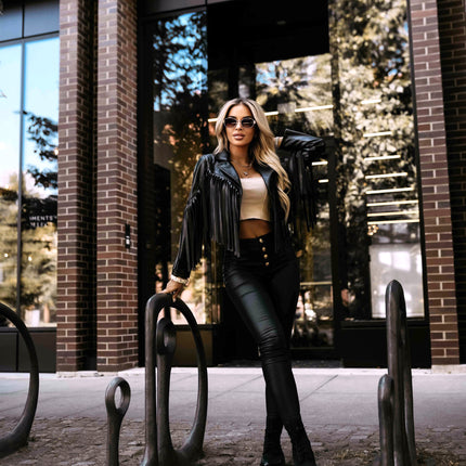 624-3 Short biker jacket with fringes made of soft eco leather - black