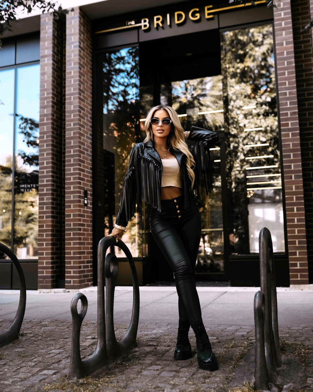 624-3 Short biker jacket with fringes made of soft eco leather - black